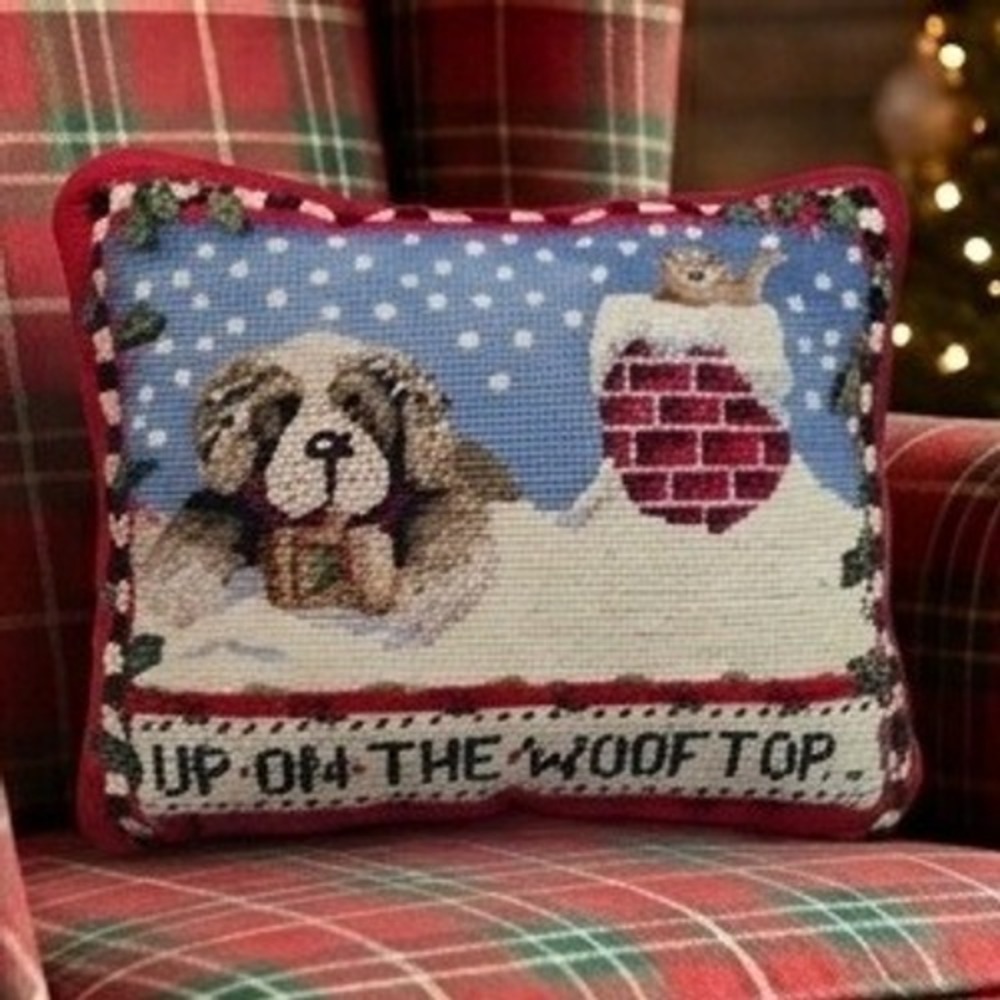 Up On The Wooftop Christmas Needlepoint Pillow Dog Cat Holiday Decor Red 10x8